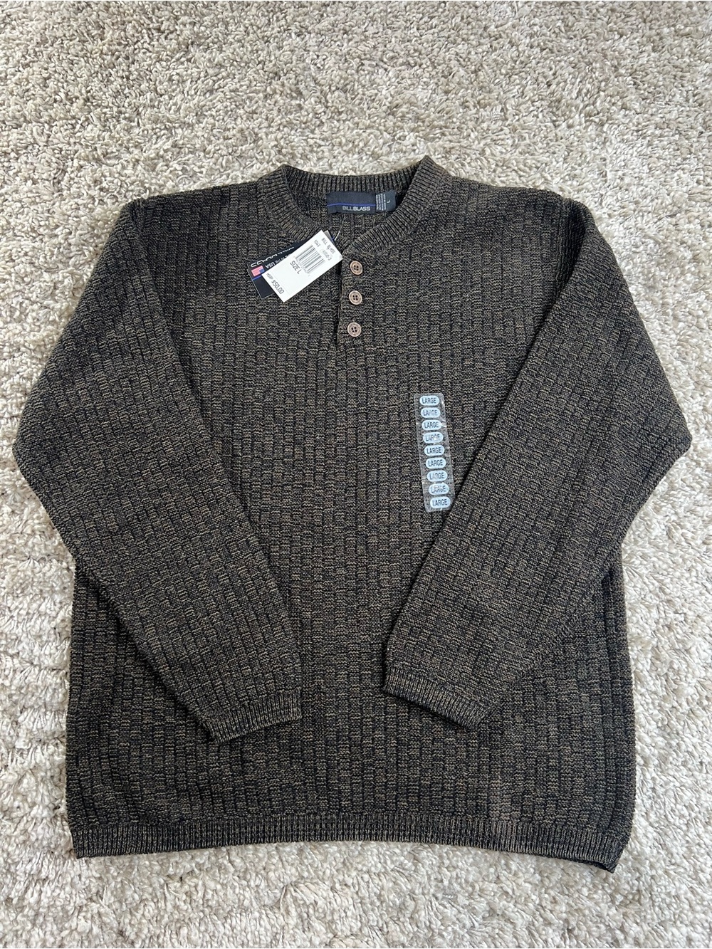 bill blass Men's Crewneck Henley Sweater in Dark Brown
